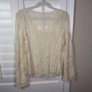 Boho Floral Embroidered Lace Mesh Bell Sleeve Top Ivory Medium Cottage Layering